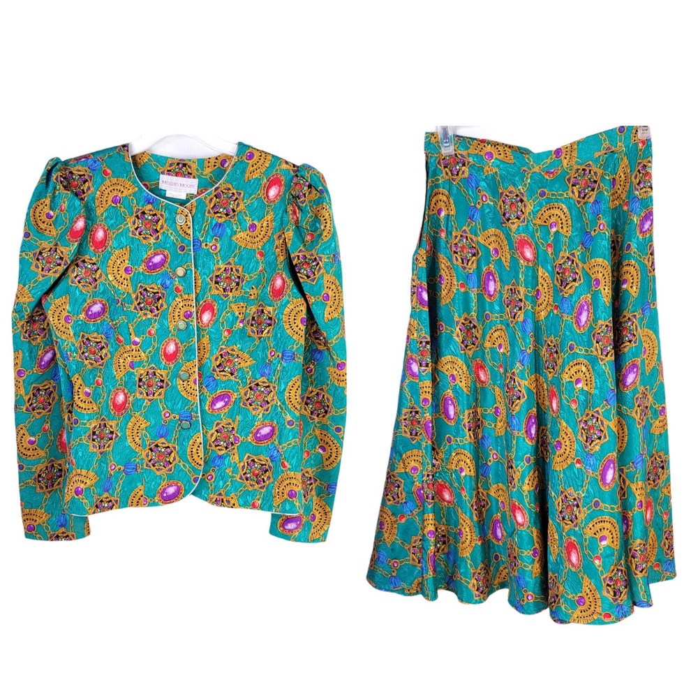 Vintage Megan Moore floral blazer and jewel print skirt set